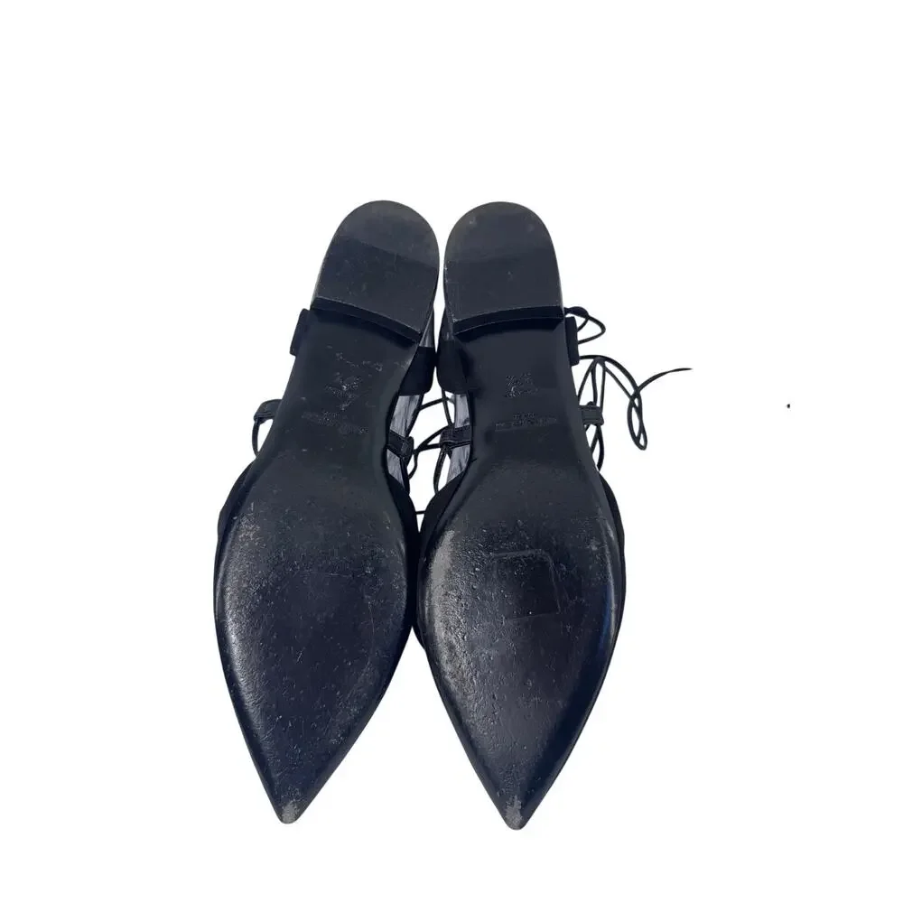 Saint Laurent Black Suede Lace Up Gladiator Pointed Toe Ballet Flats EU 37.5 YSL